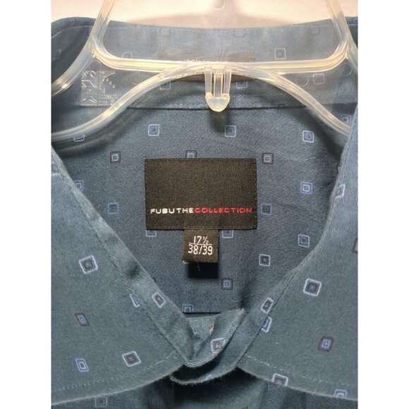 FUBU The Collection Mens 17.5 38/39 Blue Button Down Square Print Dress Shirt - Picture 5 of 11